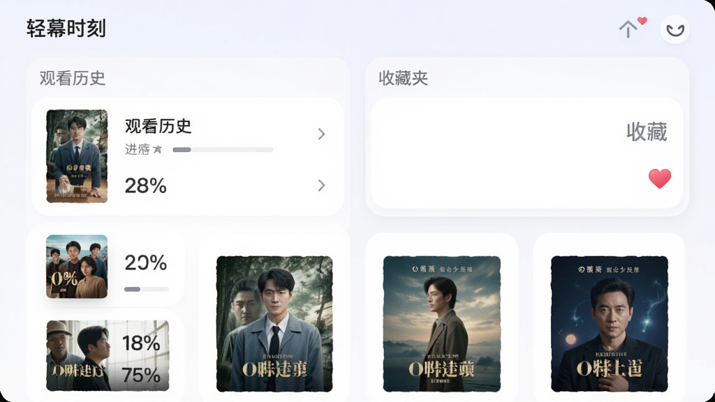 “轻幕时刻”个人中心页面,主体为观看历史列表与收藏夹卡片,布局为上下结构,风格为柔和圆角卡片设计,细节包括剧集封面缩略图、进度百分比标签、收藏心形图标,画质清晰干净,无多余元素