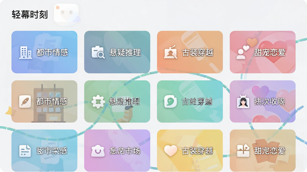 软件“轻幕时刻”的分类导航页面,主体为网格状排列的题材标签卡片,包含“都市情感”“悬疑推理”“古装穿越”“甜宠恋爱”等文字,布局整齐,风格为清新浅色系扁平设计,细节有分类图标与渐变色块,画质清晰干净,无多余元素