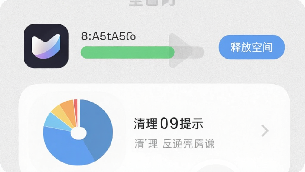 手机存储管理界面示意图,画面中显示“轻幕时刻”应用图标与占用空间数值条,旁边有释放空间按钮,布局简洁,风格为浅灰质感扁平设计,细节包括存储饼图与清理提示,画质清晰干净,无多余元素