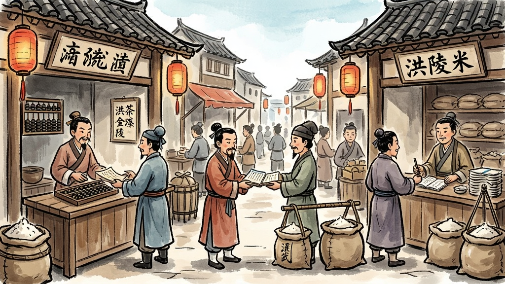 古风手绘风格的明代市井生活场景,主体为茶肆与米铺前的交易画面,布局上人物居中、店铺分列两侧,排版活泼生动,风格为历史模拟游戏插画,细节包含古装人物、算盘账册、货担米袋、屋檐灯笼,画质清晰干净,无多余元素,画面中书写“洪武金陵”