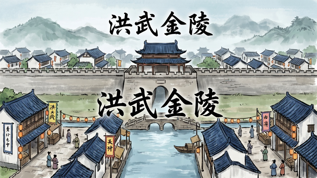 古风手绘风格的金陵城全景,主体为明代城门与秦淮河两岸街市,布局上城门居中、河道横贯、坊巷向两侧延伸,排版疏朗有层次,风格为历史模拟经营游戏宣传图,细节包含青瓦白墙、灯笼幌子、往来行人、远山薄雾,画质清晰干净,无多余元素,画面中央书写“洪武金陵”四字