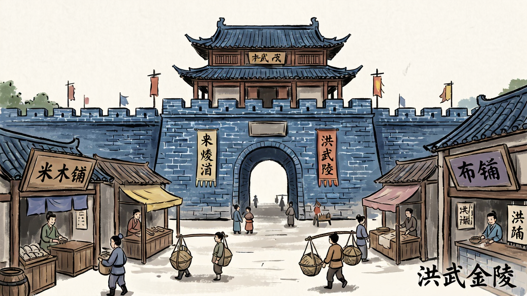古风手绘风格的金陵城门与街市场景,主体为明代城门楼和两侧商铺,布局上城门占据画面上部、街市铺陈于下方,排版对称稳重,风格为历史经营游戏界面概念图,细节包含青砖城墙、木质招牌、米铺布庄、行人挑担,画质清晰干净,无多余元素,画面角落书写“洪武金陵”