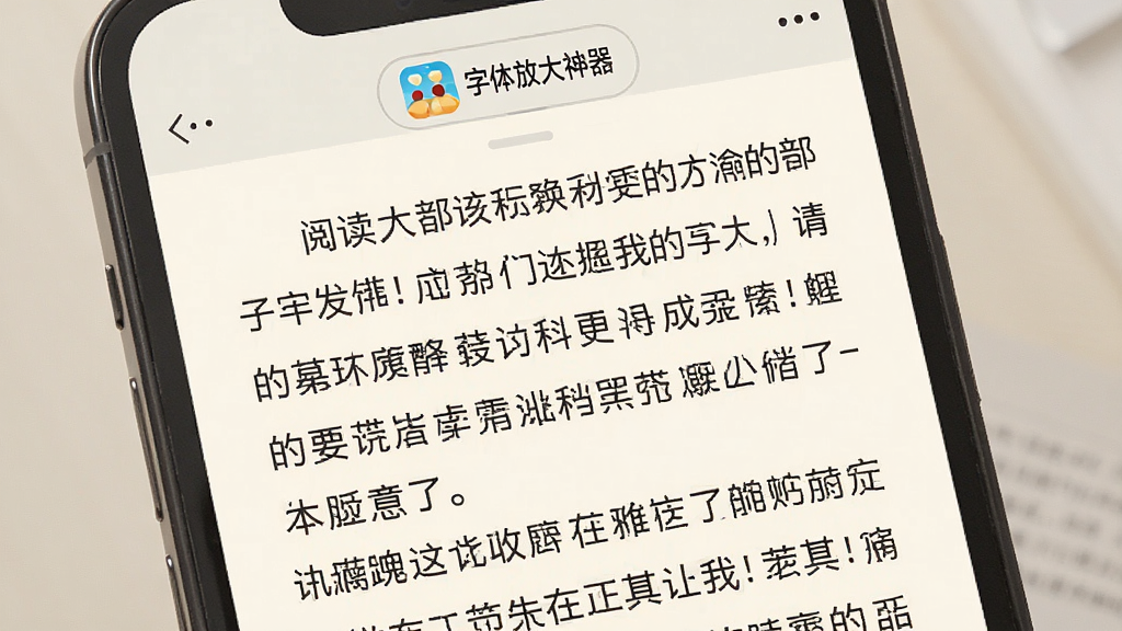 一张展示手机阅读界面的示意图,屏幕内显示一段放大的中文文章段落,行间距宽松,背景为柔和的米白色,页面顶部有字体放大神器的阅读模式标识,风格为舒适阅读风,细节包括段落排版和文字清晰度,画质干净无多余元素