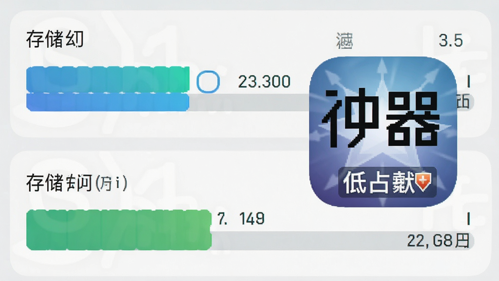 一张展示手机系统资源占用情况的示意图,画面中有内存和存储占用条状图,字体放大神器的图标旁标注低占用标识,背景为浅灰色系统设置界面,风格为数据可视化简洁风,细节包括进度条和数值标签,画质清晰干净