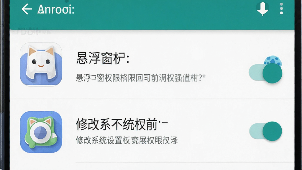 一张展示安卓手机权限设置界面的示意图,屏幕内列出悬浮窗权限和修改系统设置权限的开关选项,字体放大神器的图标出现在权限列表中,背景为浅色系统设置页面,风格为清晰引导风,细节包括开关状态和权限说明文字,画质干净无杂乱