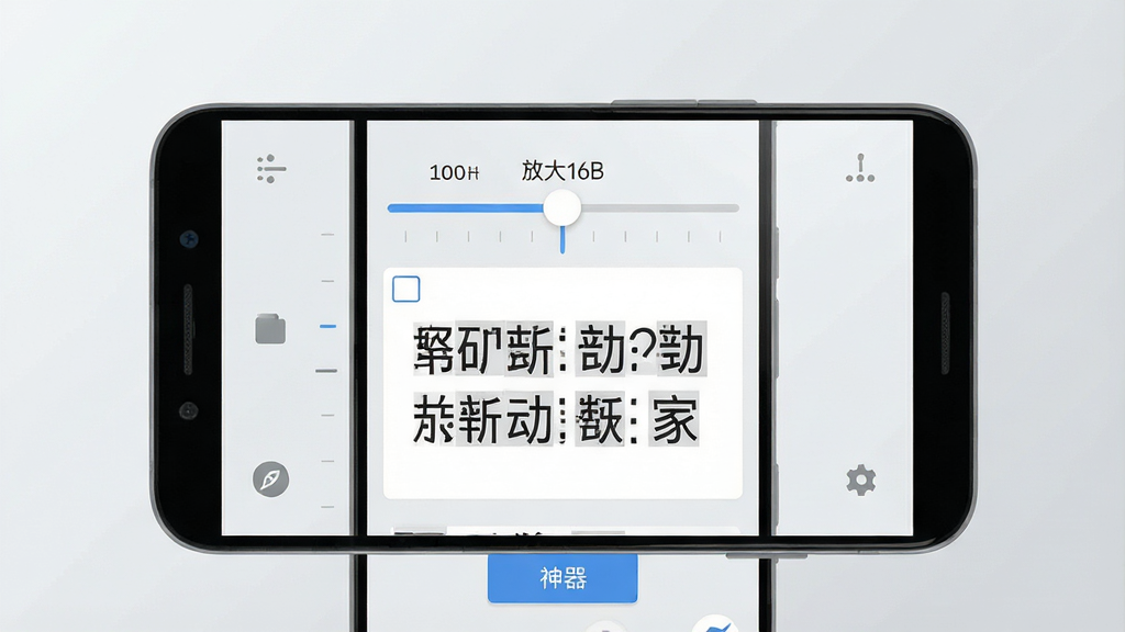 一张展示安卓手机屏幕的示意图,画面中央是字体放大神器软件的主界面,界面上有清晰的放大倍数滑块和预览文字区域,文字内容为放大的中文示例句子,背景为简洁的浅灰色渐变,风格为现代扁平化UI设计,细节包括滑块刻度、按钮图标和预览框,画质清晰干净,无多余装饰元素