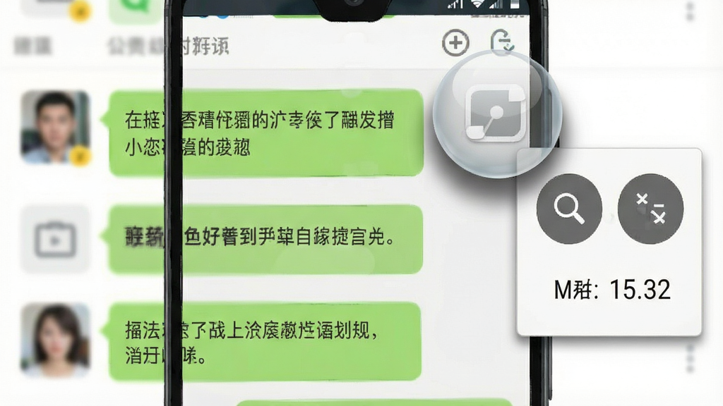 一张展示安卓手机屏幕的示意图,屏幕右上角有一个半透明悬浮球图标,悬浮球旁边展开一个小型控制面板,面板上有放大和缩小按钮以及倍数显示,背景为常见的聊天软件界面,文字内容为中文对话,风格为简洁实用风,细节包括悬浮球阴影和按钮图标,画质清晰干净