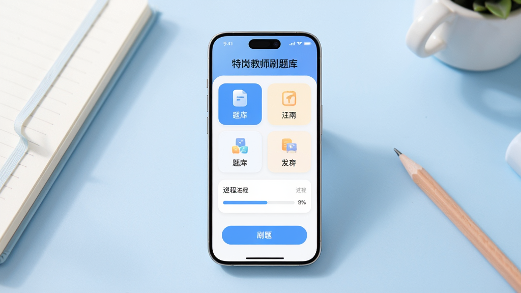 一部智能手机竖向摆放于画面中央,屏幕内显示“特岗教师刷题库”应用主界面,界面包含题库分类卡片、进度条与刷题按钮,背景为浅蓝色渐变书桌场景,桌上放置笔记本与铅笔,整体布局居中对称,风格清新简洁的教育类App宣传图,细节包含柔和光影与圆角图标,画质清晰干净,无多余元素