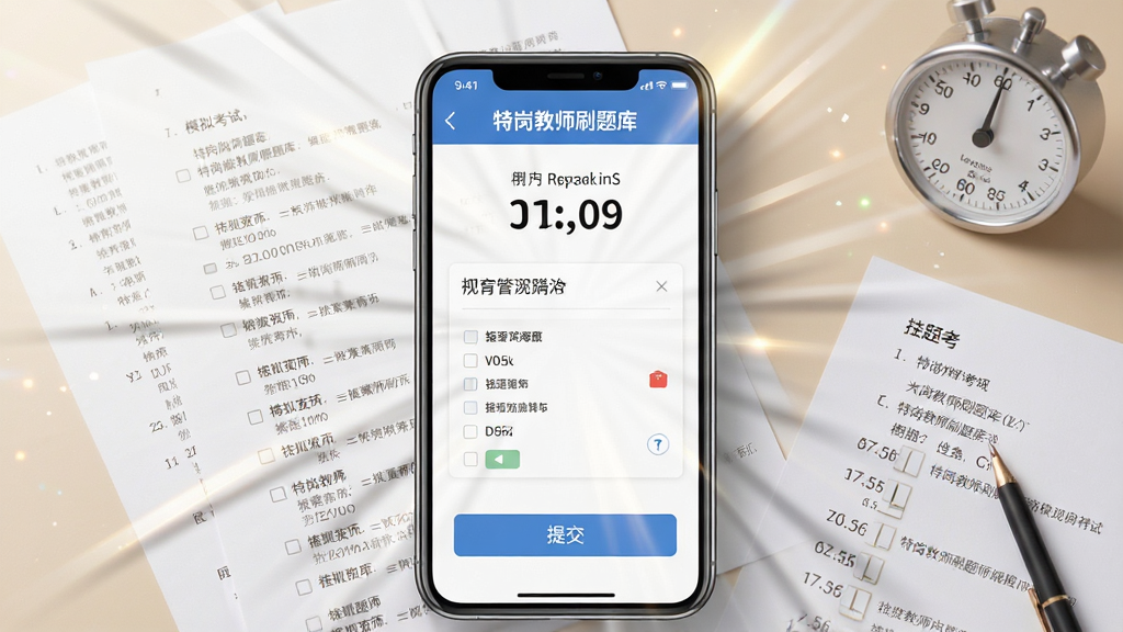 一幅模拟考试场景的AI生图,画面中央为手机屏幕显示“特岗教师刷题库”模拟考试界面,包含倒计时、答题卡与提交按钮,屏幕周围环绕试卷纸张与计时器元素,布局以手机为视觉中心向外扩散,风格写实教育宣传风,细节包含柔和光效与清晰界面文字,画质高清干净,无多余装饰