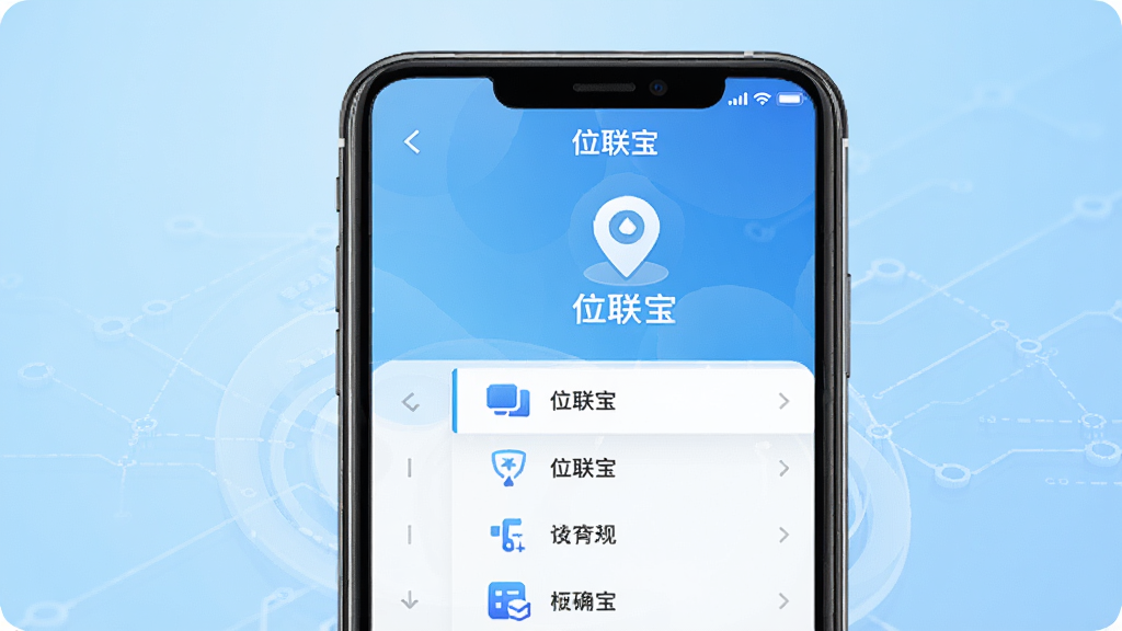 位联宝软件主界面展示图,画面中央是一部智能手机,屏幕上显示位联宝应用的主页界面,包含位置标记图标与功能菜单列表,背景为浅蓝色渐变科技风格,布局简洁清晰,风格现代简约,细节上突出应用图标与界面元素,画质高清,干净无多余元素