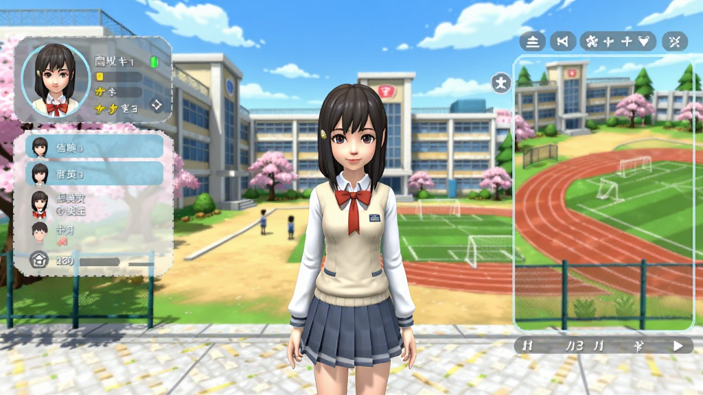 少女模拟器游戏主界面截图,主体为卡通风格高中校园全景,画面中央站立一位穿校服的少女角色,布局采用横版构图左侧显示角色信息面板右侧为场景预览,风格为清新日系3D卡通渲染,细节包含教学楼、樱花树、操场跑道与蓝天白云,画质高清干净无多余元素