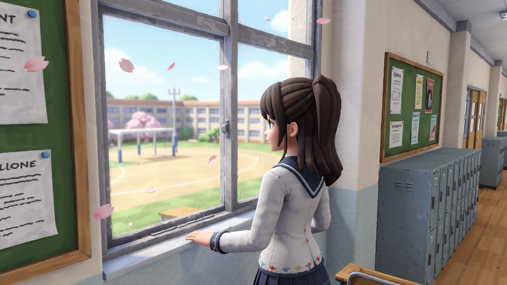 少女模拟器校园探索场景预览图,主体为少女角色站在教学楼走廊窗前,布局为第三人称越肩视角,风格为明亮卡通3D渲染,细节包含走廊储物柜、公告栏、窗外操场与飘落的樱花花瓣,画质清晰干净无多余元素