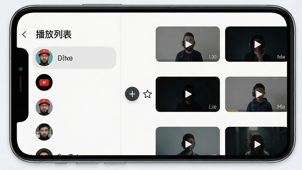 一部手机屏幕展示SkyTube的播放列表管理页面,左侧为订阅频道头像竖排列表,右侧为视频卡片网格,中间有加号按钮与收藏星标图标,布局为左右分栏结构,风格为现代扁平化UI设计,细节包含浅色背景、圆角卡片、清晰的图标与文字“播放列表”,画质细腻,画面干净整洁