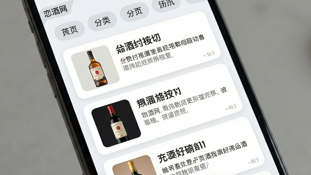 手机应用资讯列表页面特写,主体为多张酒类图文卡片纵向排列,布局上每张卡片左侧为酒瓶缩略图右侧为标题与摘要,顶部有分类标签栏,风格为清新浅色扁平设计,细节包括圆角卡片、淡灰分割线、