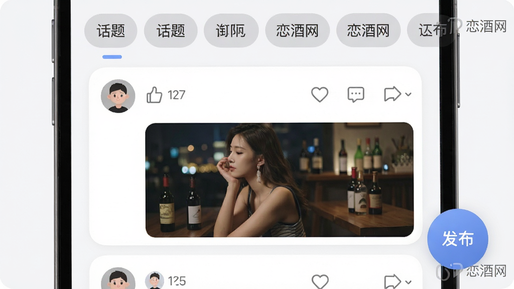 手机社区互动页面,主体为信息流列表与发布按钮,布局上顶部为话题标签横滑栏,中部为带用户头像与配图的动态卡片,右下角为圆形发布悬浮按钮,风格为柔和圆角现代设计,细节包括点赞图标、评论气泡、