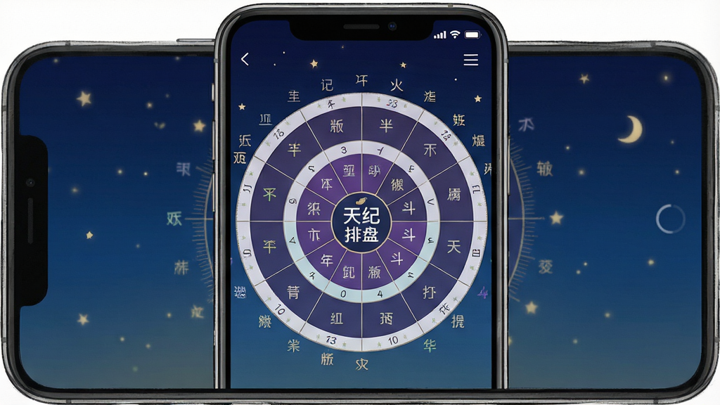 一张展示天纪排盘软件主界面的手机截图风格插画,画面中央是一部竖屏手机,屏幕内呈现紫微斗数命盘圆形宫位图,星曜名称以细密文字环绕排列,十二宫格清晰可见,背景为深蓝色夜空渐变,点缀淡金色星点,整体风格简洁专业,画质清晰,干净无多余元素,画面中带有“天纪排盘”文字标识