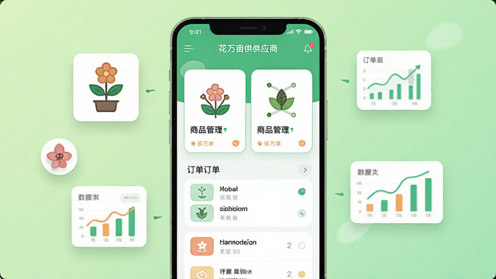 主体为一部竖屏安卓手机,手机屏幕中显示花万亩供应商应用首页界面,包含商品管理卡片与订单列表布局,手机两侧悬浮花卉苗木图标与数据图表元素,背景为浅绿色渐变,排版居中对称,风格为清爽扁平化UI插画,细节包含柔和阴影与圆角卡片,画质高清干净无多余元素