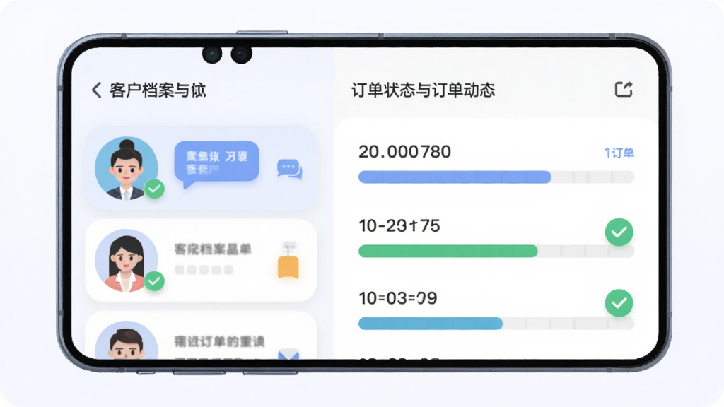 主体为手机界面中的客户档案与订单动态双栏布局,左侧为客户头像列表,右侧为订单状态进度条,排版左右分栏清晰,风格为柔和圆角商务插画,细节包含对话气泡与勾选图标,画质高清干净无多余元素