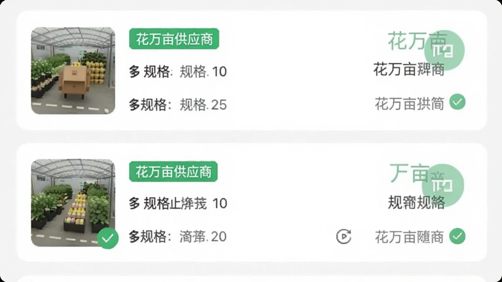 主体为手机屏幕中的商品管理列表界面,布局为上下排列的卡片式条目,每条卡片包含商品缩略图与规格文字,排版整齐留白充足,风格为现代简约扁平插画,细节包含绿色标签与圆形图标,画质清晰干净无多余元素,画面中带