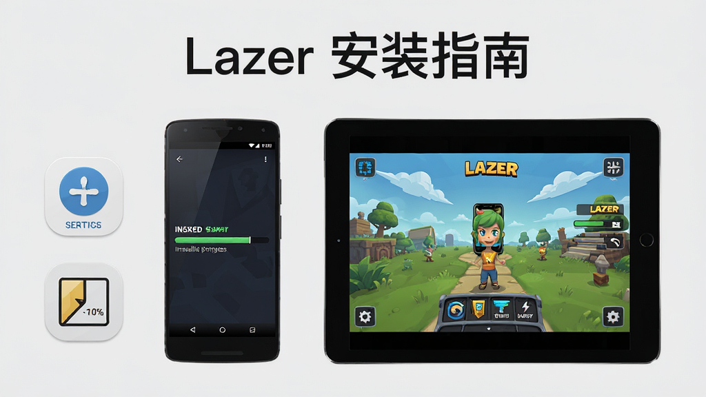 画面主体为一部安卓手机与一部平板并排展示,手机屏幕显示Lazer游戏安装进度条,平板屏幕显示游戏主界面,布局为左右对称排列,风格为数码产品展示图,细节包括手机旁放置权限设置图标、存储空间示意图形,画面顶部用简洁字体写