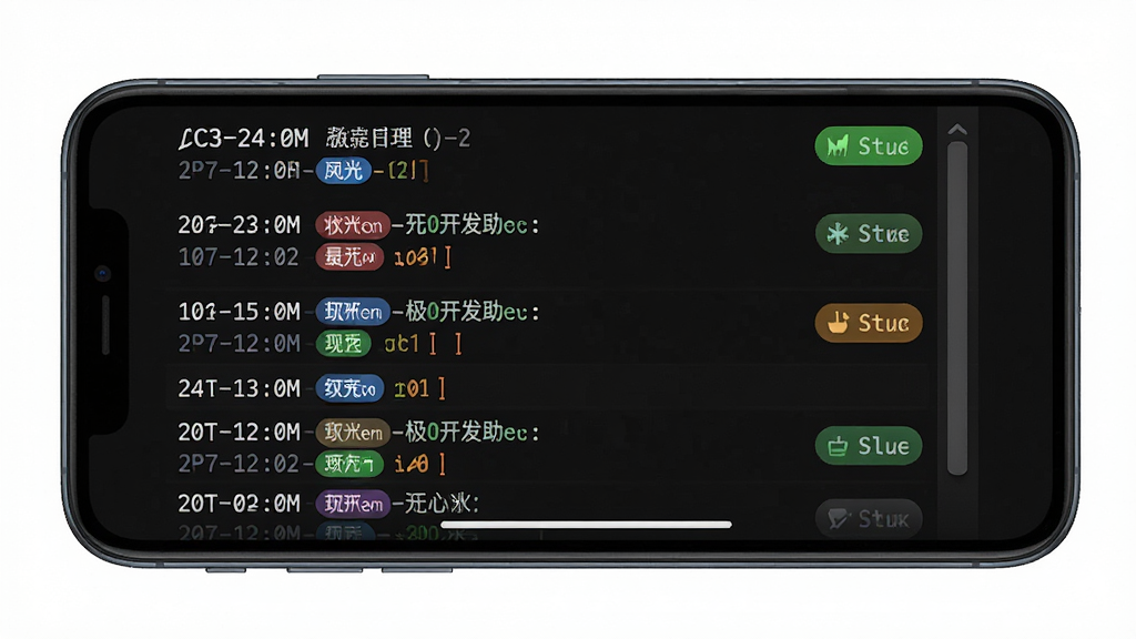 极光开发助手运行日志界面展示,主体为手机屏幕,屏幕内呈现按时间排列的日志条目列表,每条日志带有时间戳与状态标签;布局为手机居中展示,日志列表占满屏幕主体;排版采用左对齐时间、右对齐状态标签的形式;风格为深色背景的终端日志风;细节包括等宽字体、状态标签用不同颜色区分、滚动条细节可见;画质高清,画面干净,无多余元素