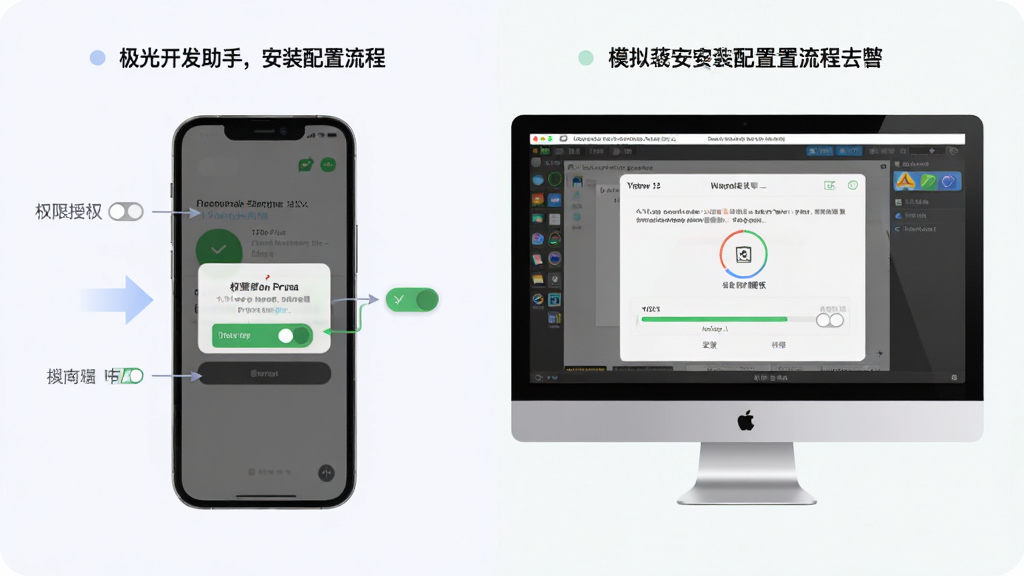 极光开发助手安装配置流程示意图,主体为一部手机与一台电脑并排展示,手机屏幕显示权限授权弹窗,电脑屏幕显示模拟器安装界面;布局为左右对比构图;排版清晰,两侧各配简要步骤标注;风格为教程图解风,配色柔和;细节包括箭头指引、权限开关高亮、安装进度条;画质清晰,画面干净,无多余元素