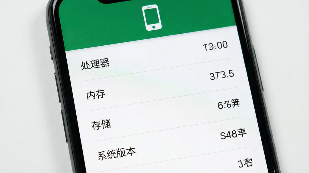 极光开发助手设备信息页面展示,主体为手机屏幕特写,屏幕内呈现设备参数列表,包含处理器、内存、存储、系统版本等条目;布局为手机居中、参数列表纵向排布;排版规整,每行左侧为参数名称右侧为具体数值;风格为清爽简约的界面设计风;细节包括列表分割线细腻、字体层级分明、顶部有设备图标;画质清晰,画面干净,无多余元素