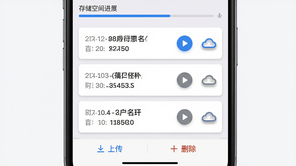 画面主体为手机界面中的录音文件管理页,页面显示多条录音条目,每条包含日期、客户名称与时长,条目右侧有播放按钮与上传云朵图标;布局为纵向列表,顶部为存储空间进度条,底部为上传与删除操作栏;排版上录音条目采用卡片式排列,间隔均匀;风格为简约工具风,配色以白灰为主,点缀蓝色进度条;细节上播放按钮为圆形,云朵图标带有轻微投影;画质高清,画面干净,无多余元素。