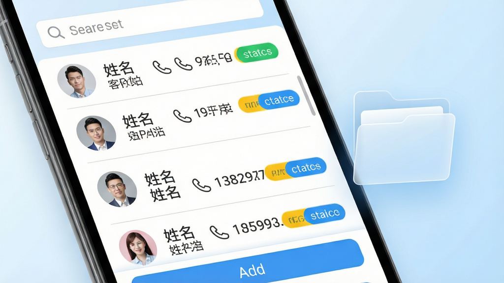 画面主体为手机屏幕上的客户管理列表,列表项包含客户头像、姓名、电话图标与彩色状态标签,右侧悬浮一个半透明的文件夹图标,象征资料归档;布局为上下结构,上方为搜索栏,中部为滚动列表,下方为添加按钮;排版上列表整齐排列,状态标签使用绿、黄、蓝三色区分;风格为清爽商务风,背景为白色与浅蓝渐变;细节上每个列表项带有细分割线,图标线条简洁;画质清晰,画面干净,无多余元素。