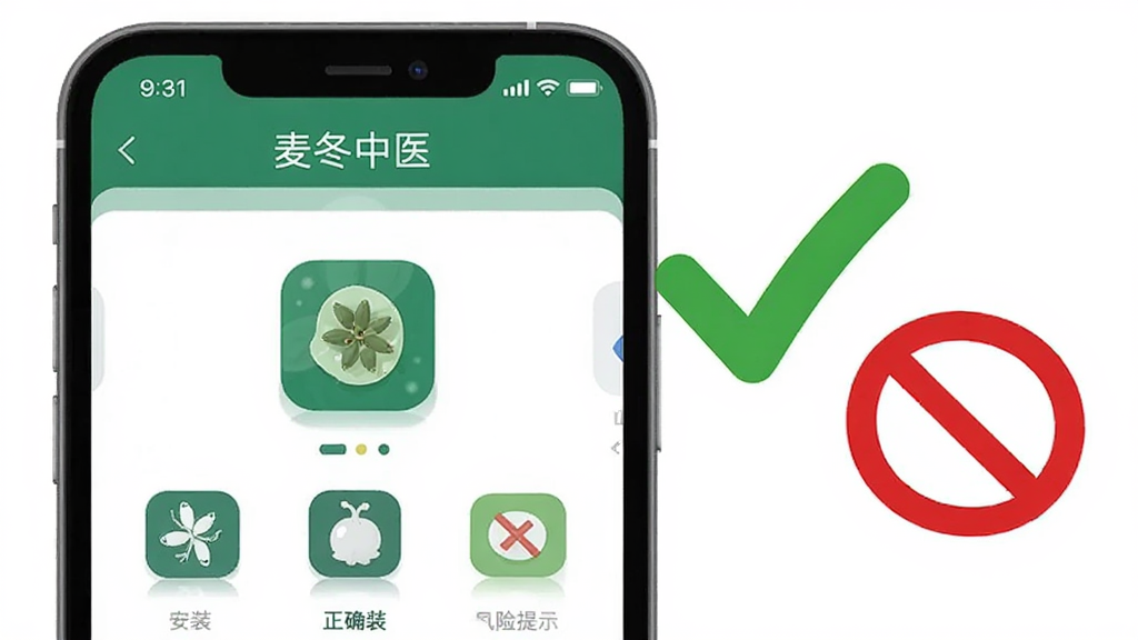 画面为一部手机屏幕显示“麦冬中医”应用界面,屏幕旁放置一个绿色对勾图标与一个红色禁止图标,分别代表正确安装与风险提示;布局左右对比,风格扁平化信息图,细节刻画图标与界面元素,画质清晰干净,无多余元素