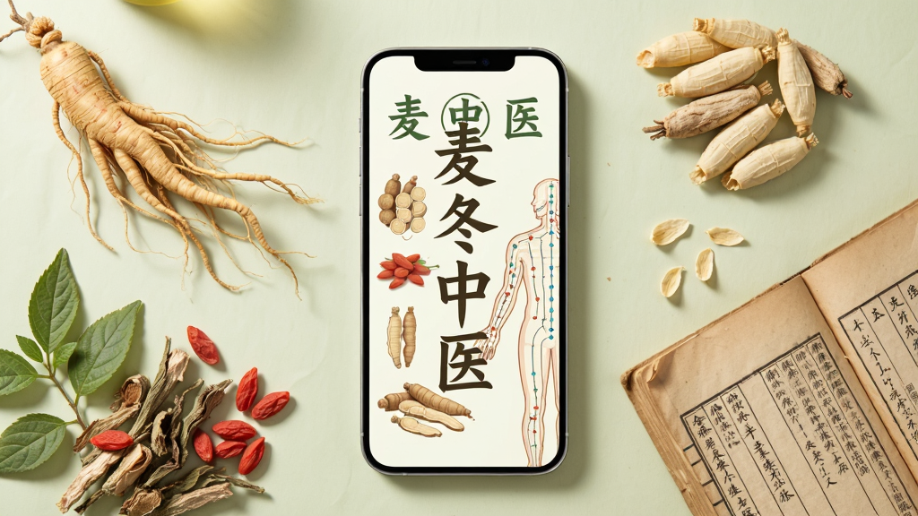 画面中央放置一部竖屏智能手机,手机屏幕上显示“麦冬中医”四个字,屏幕内呈现中药材插画与经络图元素;手机周围环绕摆放人参、枸杞、麦冬等中药材实物与一本摊开的中医古籍;整体采用浅米色与淡绿色调,布局居中对称,风格清新写实,细节刻画药材纹理与纸张质感,画质清晰干净,无多余元素