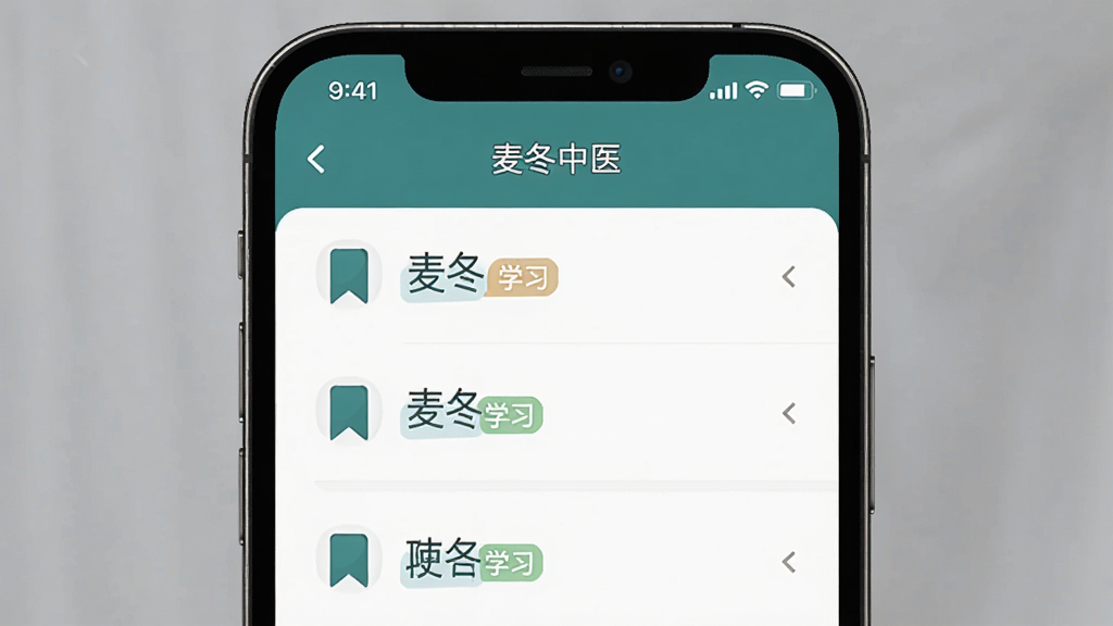 画面展示手机界面中的收藏夹与学习记录列表,界面顶部写有“麦冬中医”,列表项配有书签图标与分类标签;布局为手机屏幕特写居中,风格简洁现代,细节刻画界面图标与文字排版,画质清晰干净,无多余元素
