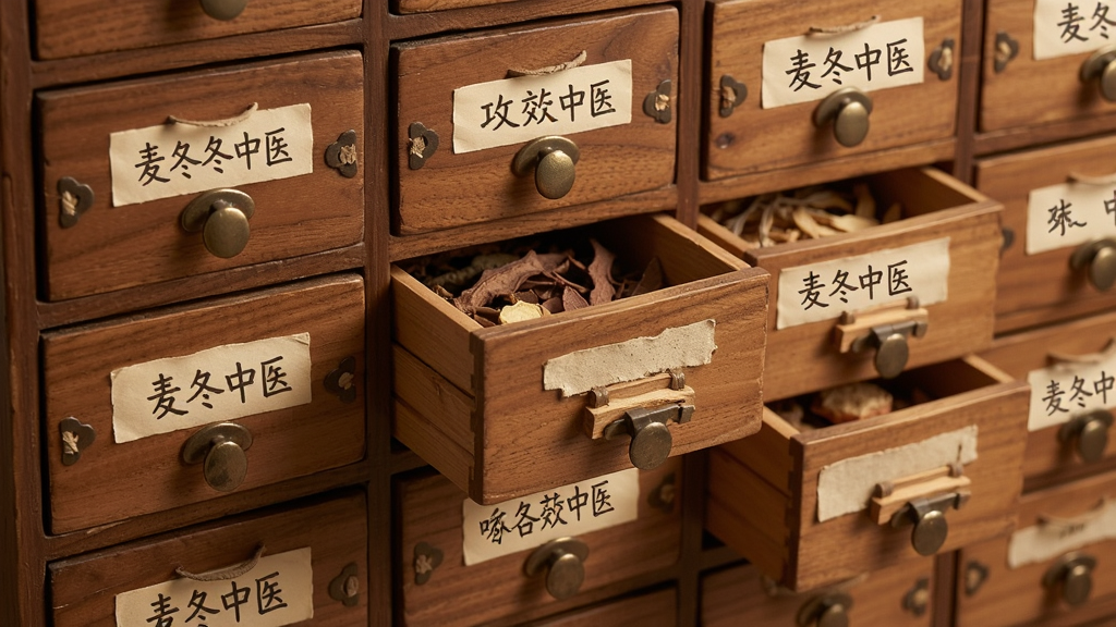 画面呈现一个整齐排列的中药抽屉柜,每个抽屉标签上写有“麦冬中医”与不同功效分类名称,抽屉半开露出内部药材;布局规整有序,风格写实柔和,细节刻画木质纹理与标签字迹,画质清晰干净,无多余元素