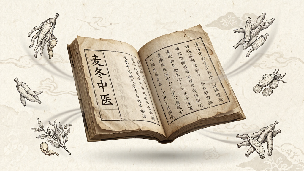 画面主体为一本悬浮展开的古籍书页,书页上隐约可见“麦冬中医”字样与方剂条文,书页周围飘浮着几味中药材的线描图案;布局以书页为中心向四周延展,背景为淡雅的宣纸纹理,风格古风写实,细节突出纸张纤维与墨迹质感,画质清晰干净,无多余元素
