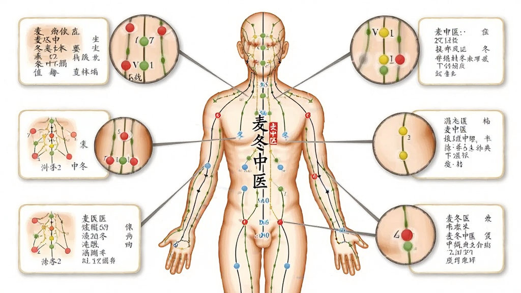 画面中央为人体经络示意图,图上标注“麦冬中医”字样,周围以引线连接多个穴位放大图与文字说明卡片;布局以人体图为核心向外发散,风格医学插画写实,细节表现经络线条与穴位标注,画质清晰干净,无多余元素