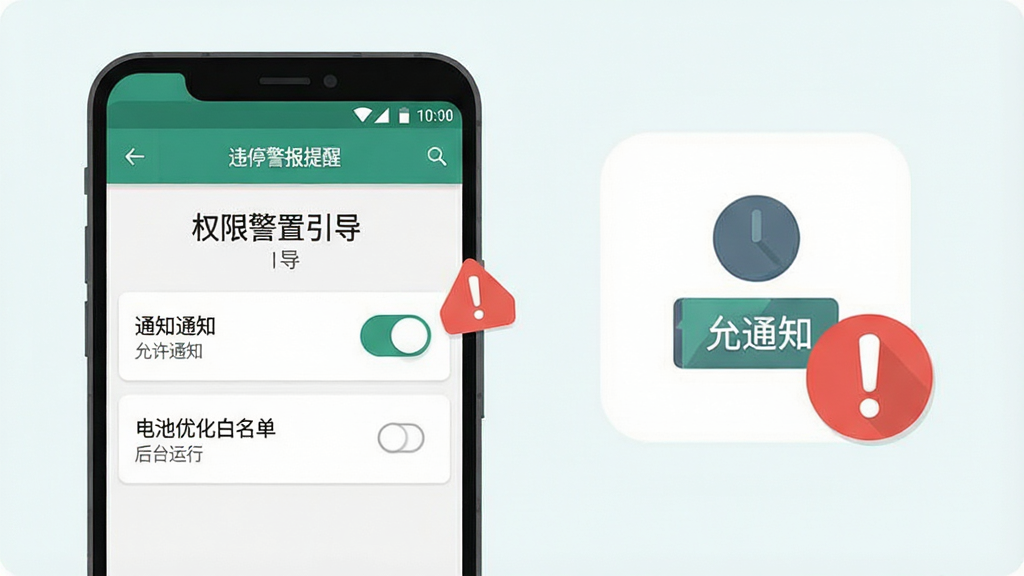画面主体为一部安卓手机屏幕显示“违停警报提醒”软件的权限设置引导页,页面中有通知权限开关与电池优化白名单选项,旁边配有一个红色感叹号提示图标;布局为手机居中偏左,右侧为放大的权限图标;排版清晰,重点突出;风格为扁平化教程插画风,浅色背景;细节包括开关按钮、文字标注“允许通知”“后台运行”;画质清晰,干净,无多余元素