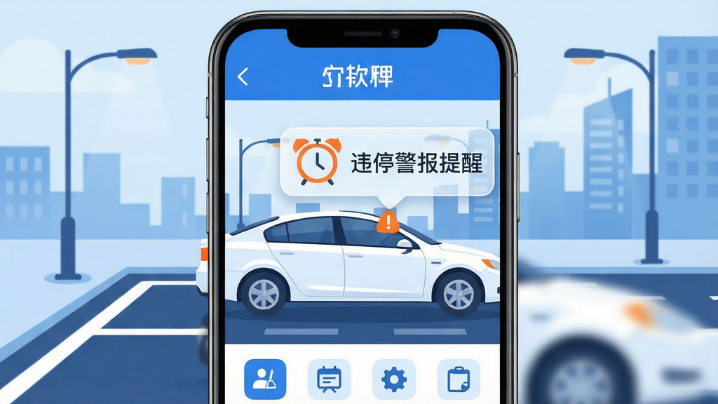 画面主体为一辆停在城市路边的白色轿车,车窗旁漂浮着一个带有闹钟与感叹号图标的半透明提醒气泡,气泡内写有“违停警报提醒”字样;布局采用手机屏幕竖版构图,上方为软件名称标题,中部为车辆与提醒气泡,下方为简洁的功能图标排列;排版清晰,主次分明;风格为扁平化科技插画风,蓝白配色为主,点缀橙色提醒元素;细节包括路面标线、路灯、远处建筑剪影、手机界面边框;画质清晰,干净,无多余元素