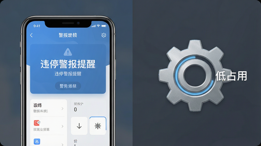 画面主体为一部手机与一个轻量化的齿轮图标组合,手机屏幕显示“违停警报提醒”软件主界面,齿轮旁边标注“低占用”字样;布局为左右结构,左侧手机,右侧图标;排版简洁对称;风格为科技简约风,蓝灰配色;细节包括手机边框、界面元素、齿轮纹理;画质清晰,干净,无多余元素