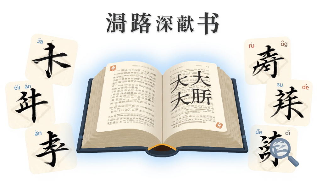 主体是一本翻开的厚重汉语大字典悬浮在画面中央,周围环绕着放大的汉字笔画与拼音标注卡片,布局采用中心对称构图,上方留白放置书名,风格为清爽的扁平化数字插画,细节包括字典纸张纹理、淡蓝色光晕、检索放大镜图标,画质清晰干净,无多余元素
