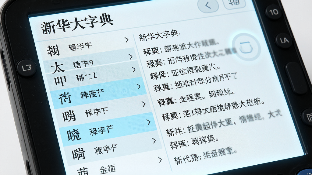 画面主体是一部发光的电子字典屏幕,屏幕上整齐排列汉字字条与释义条目,布局为左右分栏,左侧是汉字列表右侧是释义详情,风格为现代科技感UI界面写实风,细节包含“新华大字典”字样、淡蓝色高亮选中状态、释义文字排版工整,画质高清干净,无多余元素