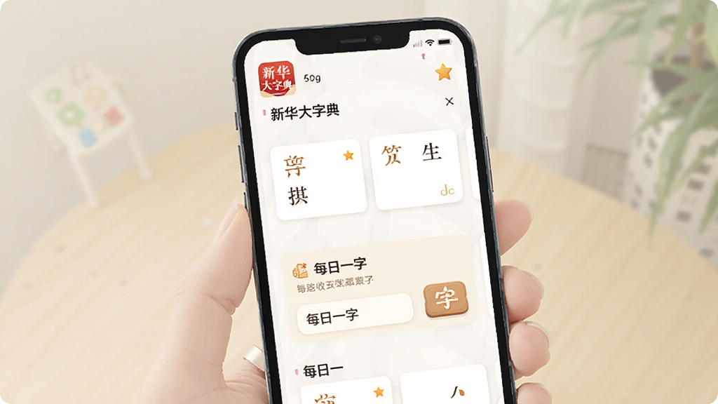 画面主体是一部手机展示字典应用的学习收藏页面,布局为竖向卡片列表,风格为清新浅色扁平插画,细节包含“新华大字典”应用图标、收藏星标、生字卡片、每日一字模块,画质清晰柔和,无多余元素