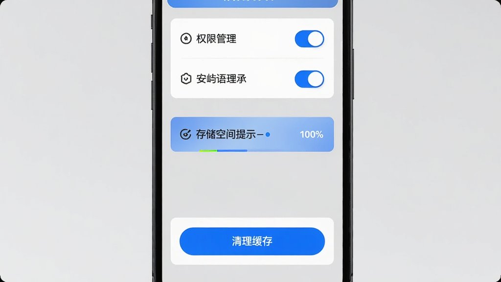 主体为手机屏幕显示安屿语音盒设置页面,布局上方为权限管理选项,中间为存储空间提示条,下方为清理缓存按钮,排版纵向清晰,风格为简约实用风,细节包括灰色背景、白色卡片、蓝色开关按钮,画质高清干净,无多余元素