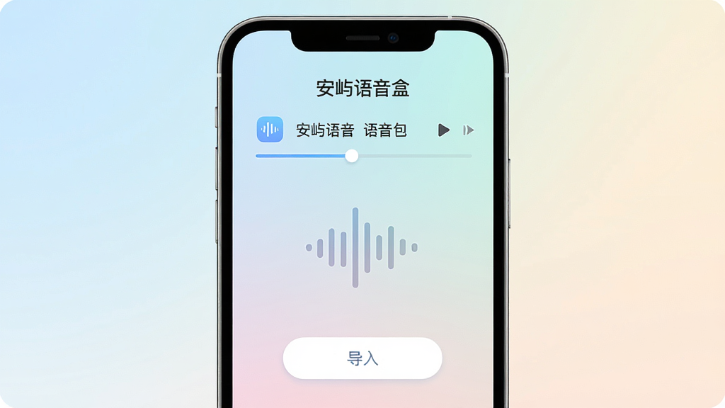 主体为手机屏幕特写,屏幕中央显示“安屿语音盒”语音包试听界面,布局上方为语音包名称和播放进度条,中间为波形图标,下方为导入按钮,排版居中对称,风格为清新浅色扁平风,细节包括柔和渐变背景、圆角按钮、简洁图标,画质高清干净,无多余元素