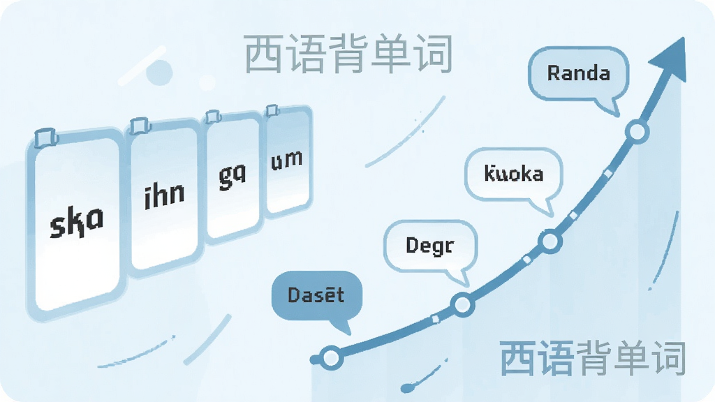 一张表现西语背单词智能复习机制的示意图,画面左侧是一排单词卡片,右侧是一条向上延伸的曲线时间轴,曲线上标注着不同时间节点的小圆点,每个圆点旁有单词气泡,整体采用浅蓝与白色调的扁平插画风格,画面中带软件名称西语背单词字样,画质清晰干净,无多余元素