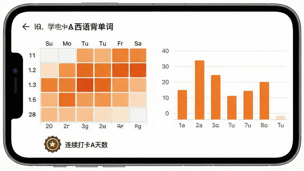 一张展示西语背单词学习数据统计页面的手机截图,手机屏幕上显示日历热力图和柱状图,热力图用深浅不同的橙色方块表示每日学习量,下方有连续打卡天数徽章图标,界面风格简洁现代,画面中带软件名称西语背单词字样,画质清晰干净,无多余元素