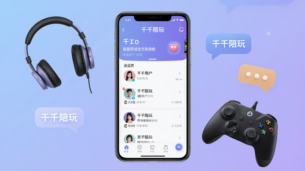 一张展示千千陪玩应用界面的手机场景图,画面中央是一部竖屏智能手机,屏幕上显示千千陪玩首页的语音房间列表与在线用户头像,手机周围环绕着耳机、游戏手柄和聊天气泡元素,背景为柔和的蓝紫色渐变,整体风格清新现代,细节丰富,画质清晰干净,无多余元素