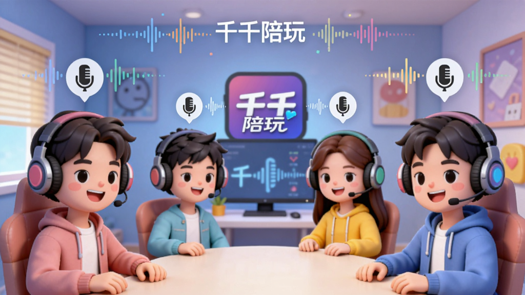 一张表现千千陪玩语音连麦功能的场景图,画面中几位年轻人的卡通形象戴着耳机围坐在虚拟房间中,头顶有声音波形和麦克风图标,房间背景带有千千陪玩标志,布局居中对称,风格活泼明快,细节清晰,画质干净,无多余元素