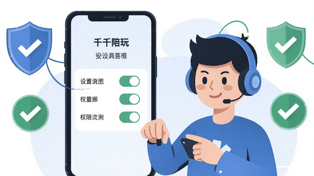 一张表现千千陪玩使用注意事项的插画图,画面中一部手机屏幕显示设置与权限开关界面,旁边有一位卡通用户正在佩戴耳机操作,周围有盾牌与对勾图标象征安全提示,布局清晰,风格扁平化,细节到位,画质干净,无多余元素