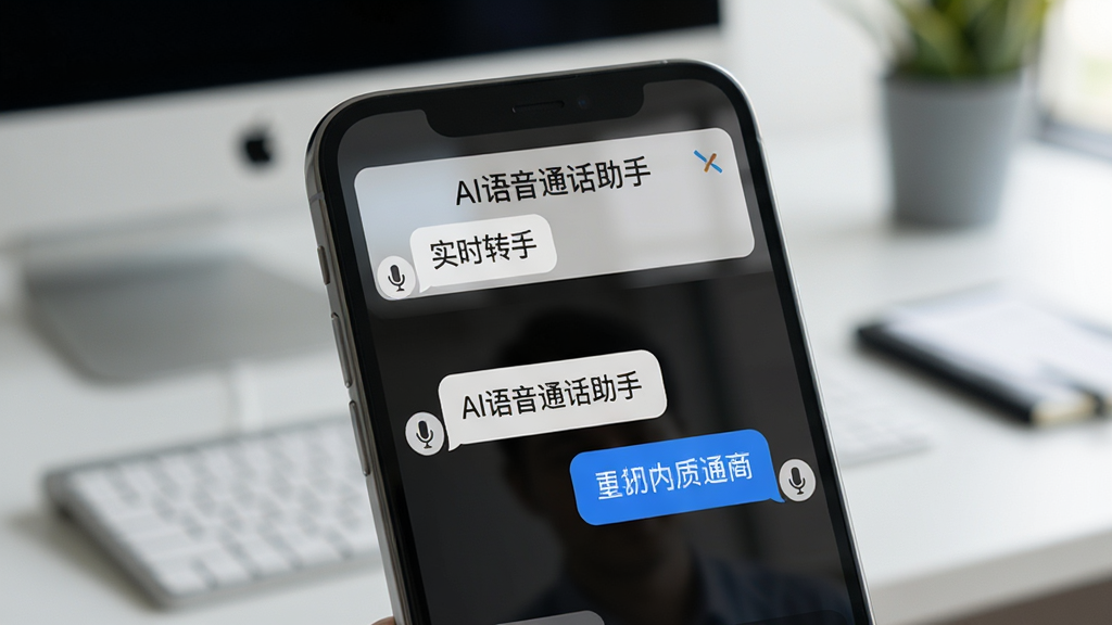 手机屏幕特写,屏幕上方显示“AI语音通话助手”实时转写窗口,窗口内是左右分布的对话气泡文字,气泡旁边有麦克风小图标,背景虚化为办公桌面,风格为简洁产品展示图,画质清晰,干净无杂乱元素