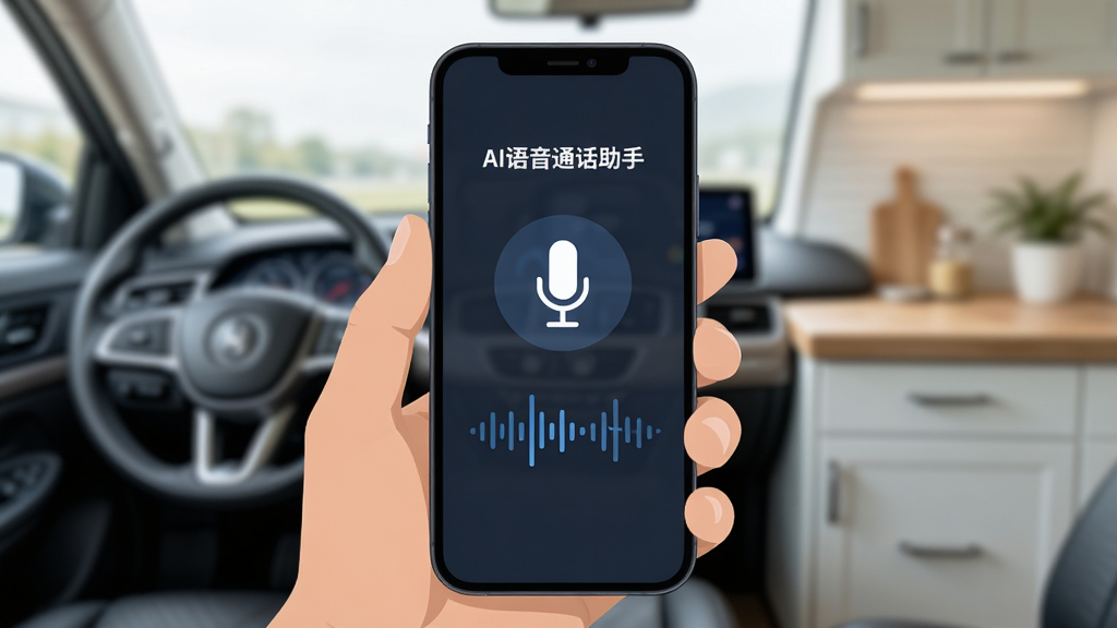 一只手拿着手机,手机屏幕显示“AI语音通话助手”的语音唤醒设置页,页面上有麦克风图标和声波扩散图形,背景为车内或厨房的虚化场景,扁平科技风格,主体突出,画质清晰,无多余元素